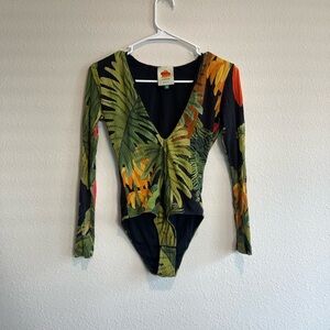 Farm Rio Cocoa Long Sleeve Bodysuit Plunging Neckline Tropical Print | Medium